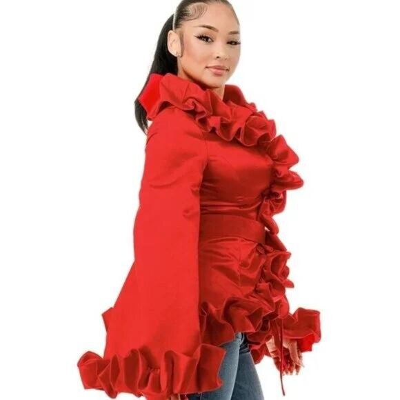 Red Satin Ruffle Wrap Blouse β Dramatic Bell Sleeve Statement Top - Picture 2 of 2